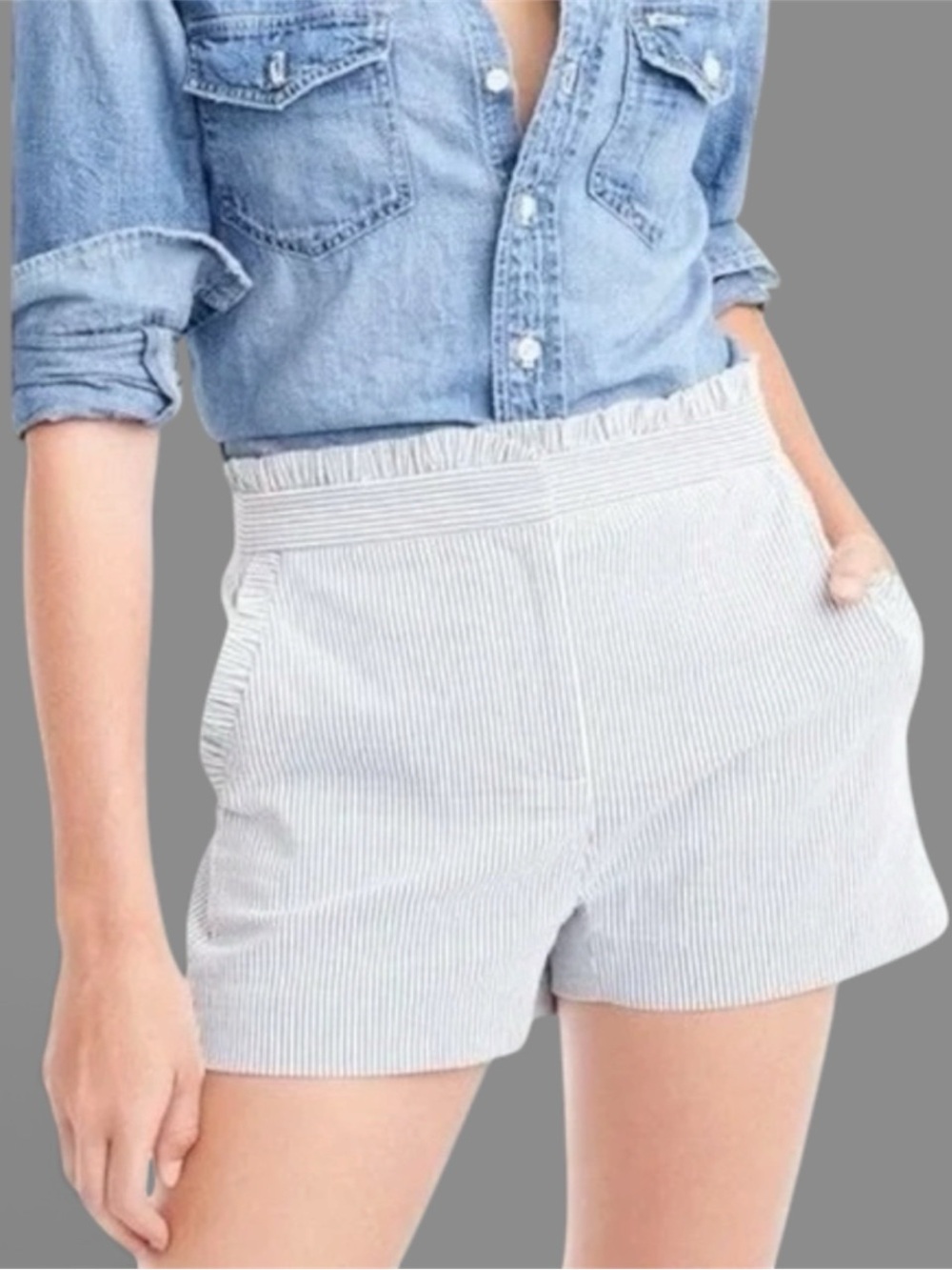 J.Crew Blue White Striped Seersucker Ruffle Waist Pocket Shorts Womens Size 6
